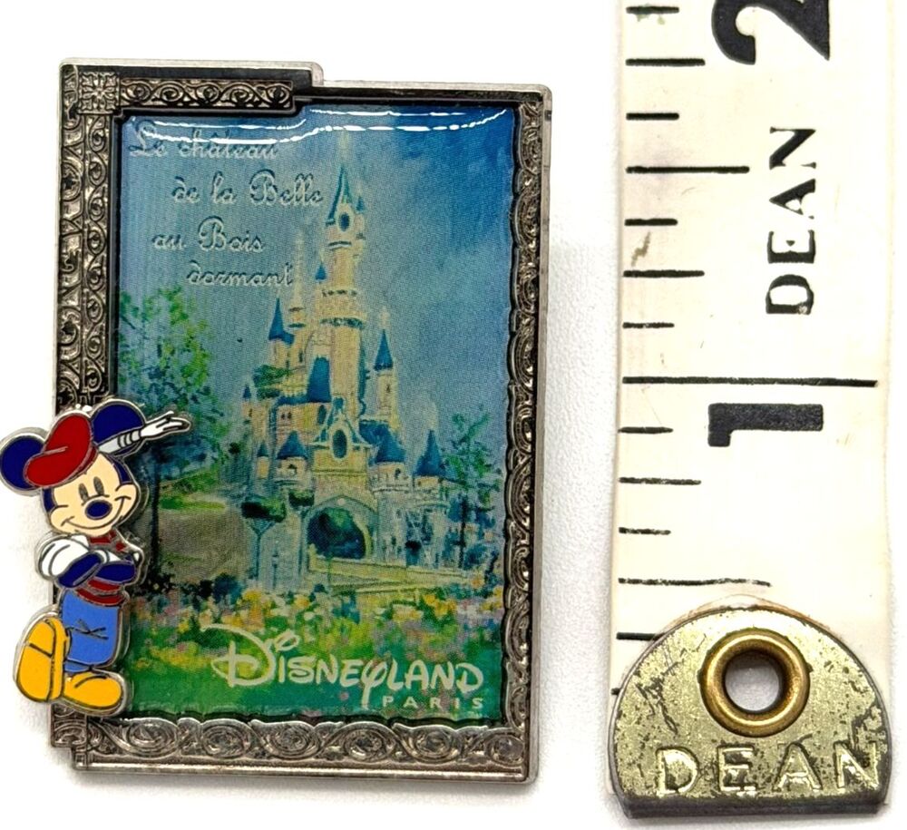 Disneyland Paris Mickey Mouse Beret Postcard Pin Sleeping Beauty Castle 2002